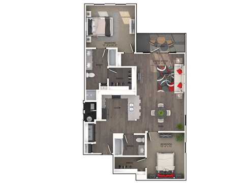 Floor plan for 2 beds, 2 baths, 1285 sqft